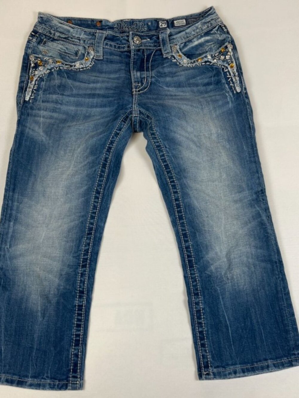 Miss Me Women 29 Signature Cuffed Capri Blue Medium Wash Embellished Rhinestone